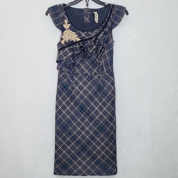 Floreat Anthropologie Plaid Ruffle Floral Dress Cap Sleeve Applique Size 2 - Picture 1 of 11